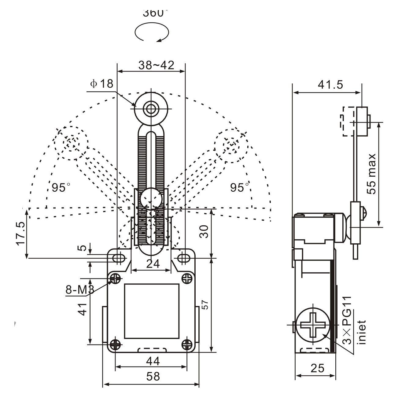 XCK-M141 Adjustable Arm with Roller Limit Switch Diagram