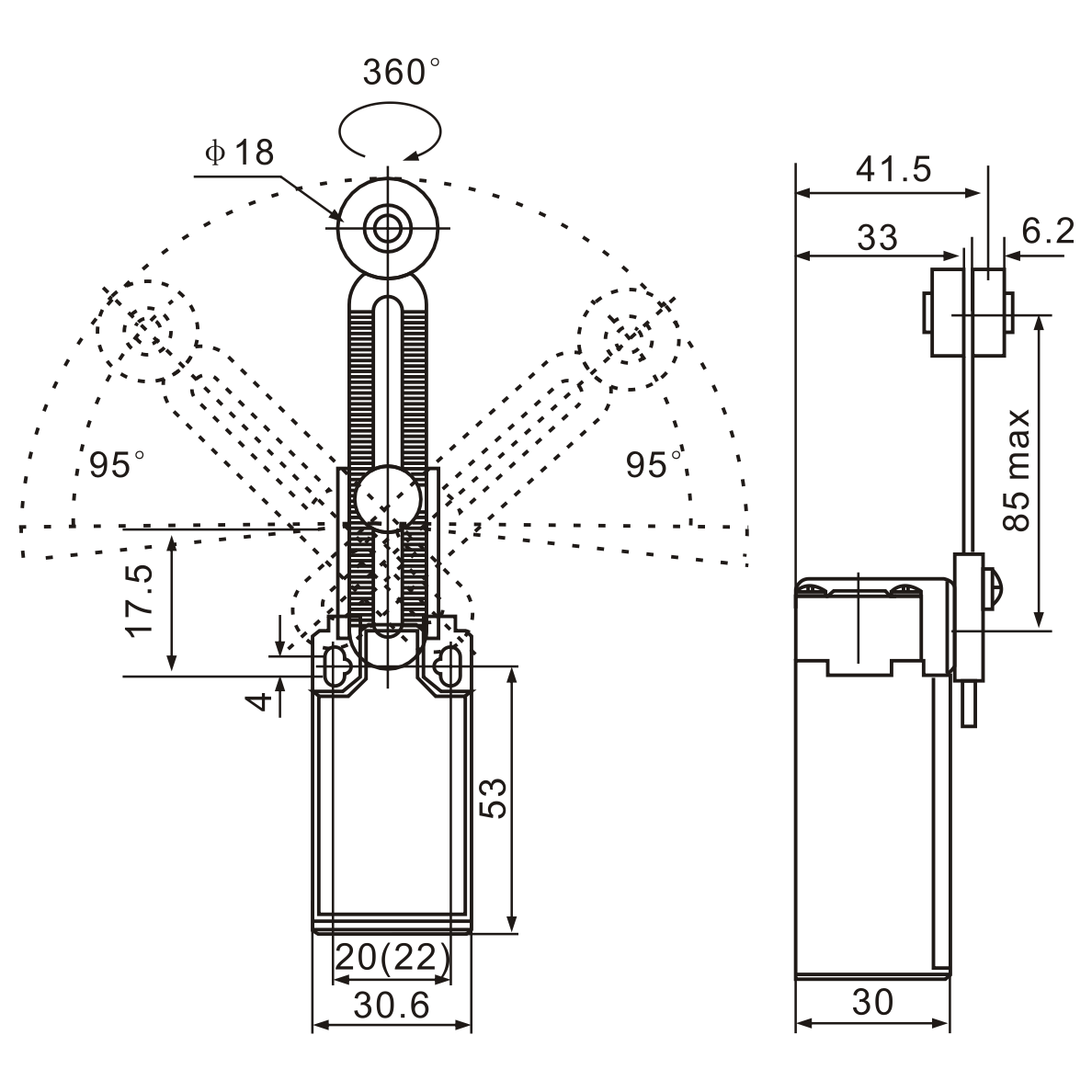 XCK-131 Adjustable Roller Lever Arm Limit Switch Diagram