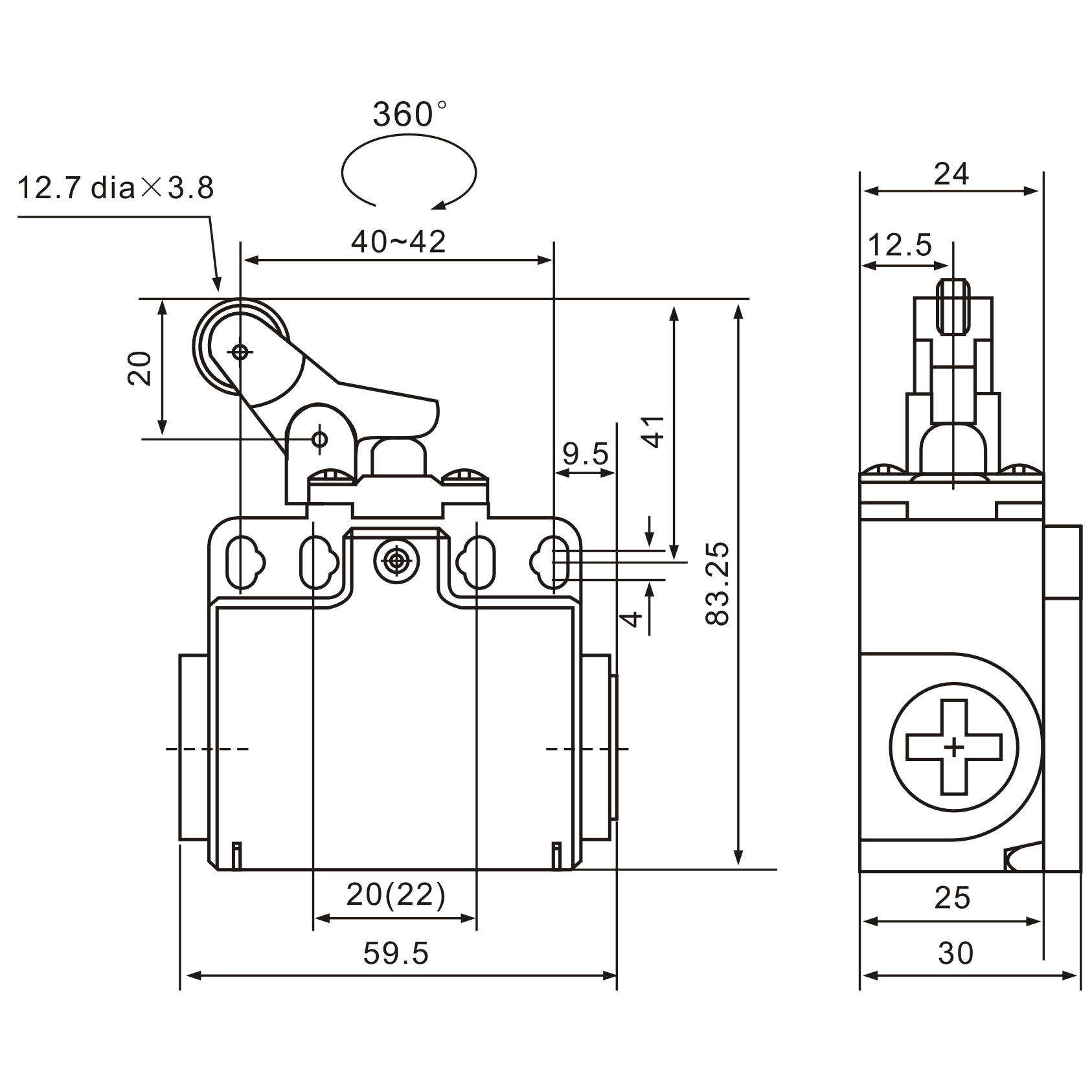 XCK-T127 Plastic Type, Adjustable Arm Limit Switch Diagram