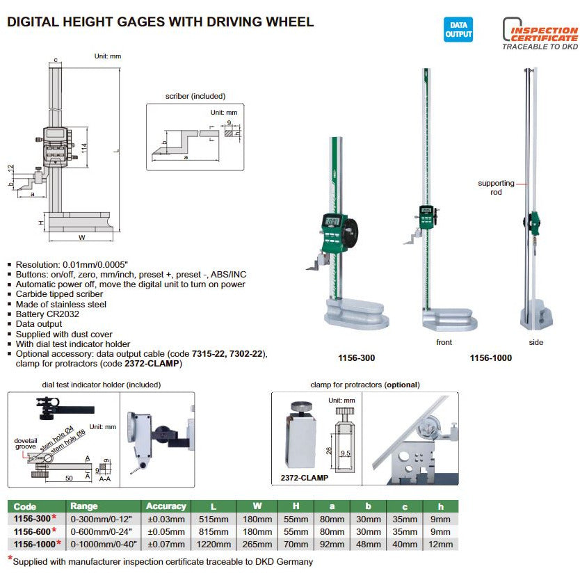 Insize Digital Height Gauge  0-300mm / 0-12" Range Series 1156-300