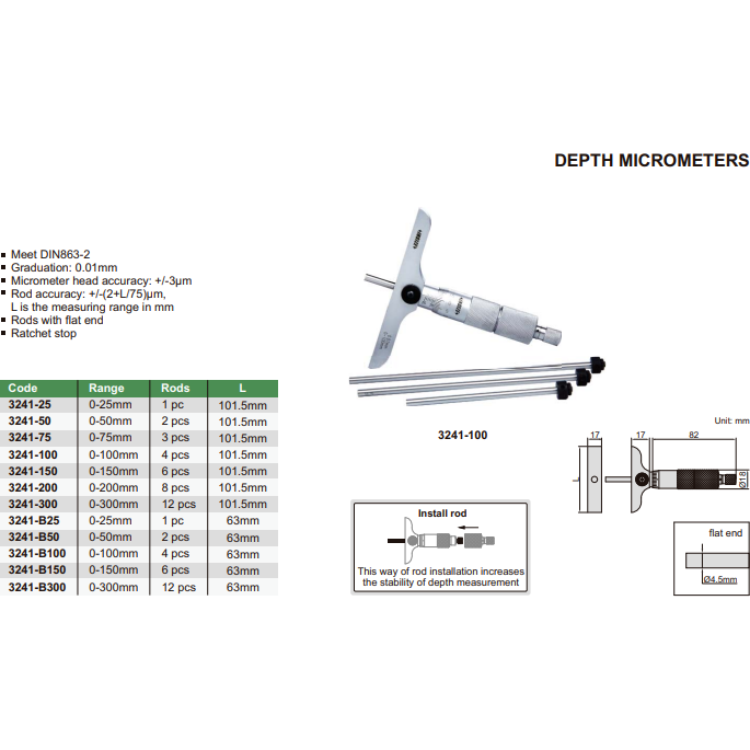 Insize Stabilized Metric Depth Micrometer 0-25MM 3241-25