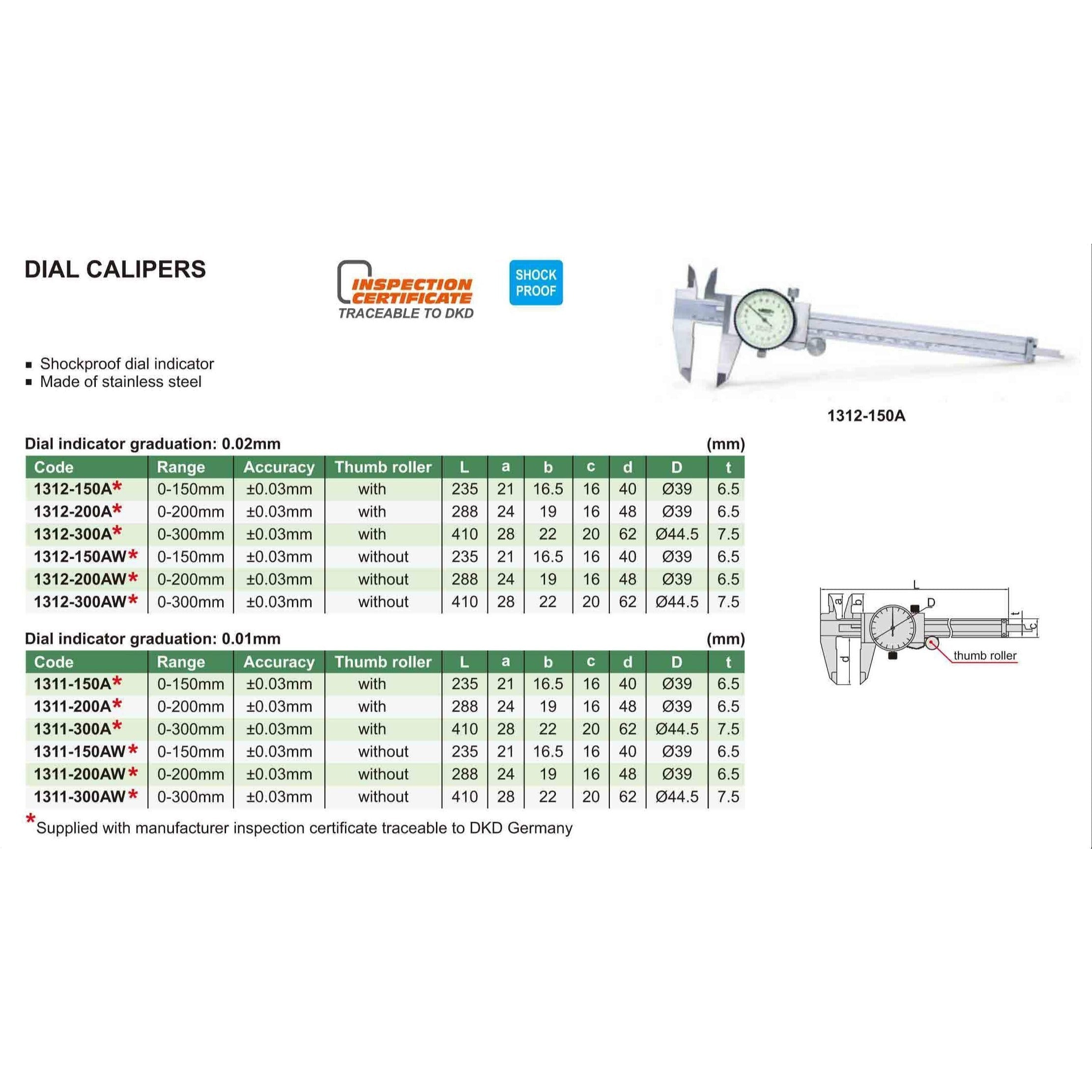 INSIZE Metric Dial Caliper  0-200mm Range Series 1311-200A