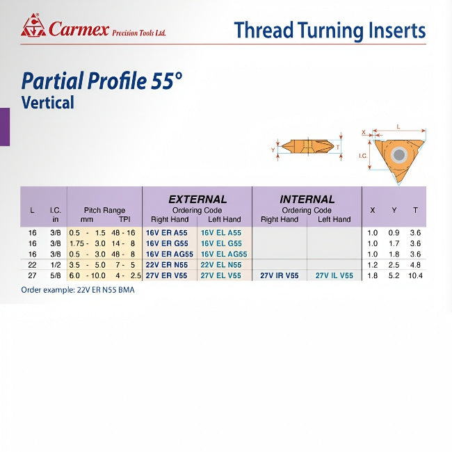 Carmex External Right Hand Vertical Partial Profile 55° Thread Turning Insert 7-5 TPI / 22V ER N55 BLU