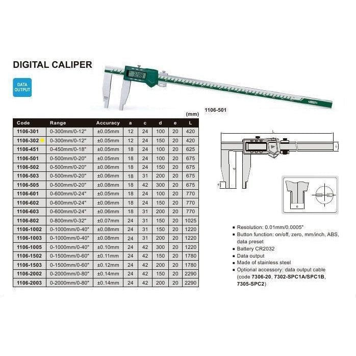 Insize Long Jaw Digital Caliper  0-300mm / 0-12" Range Series 1106-302