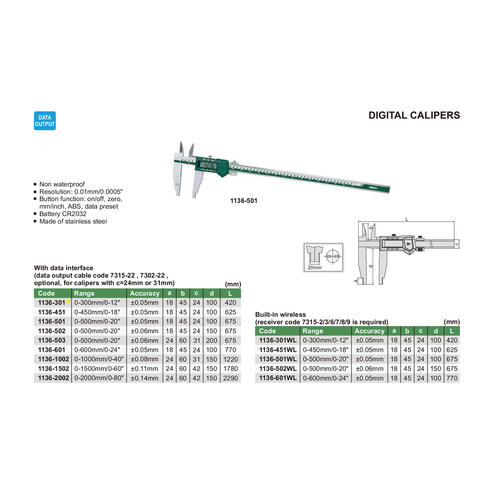 Insize Digital Caliper 0-300mm / 0-12" Range Series 1136-301