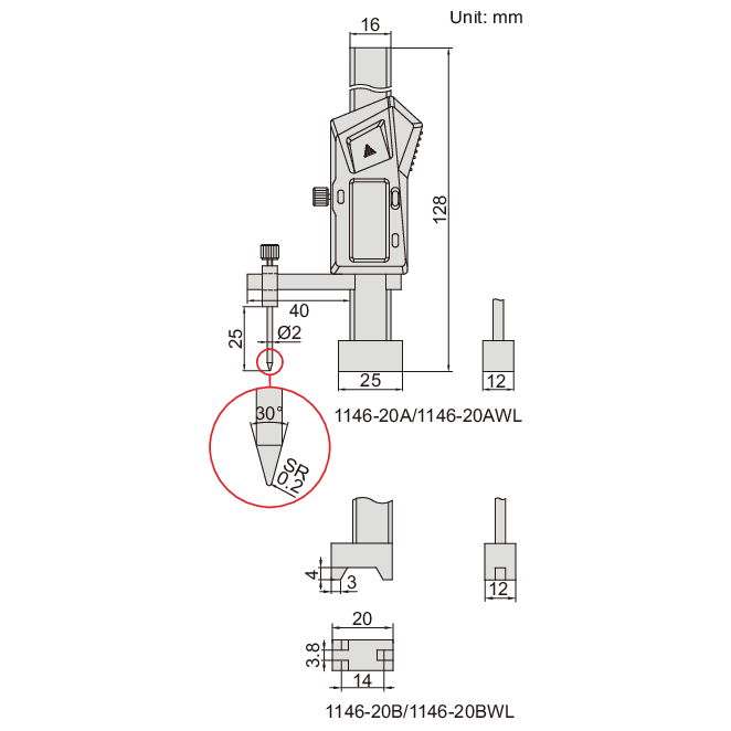 Insize Digital Height Gauge 0-20mm / 0-0.8" Range Series 1146-20B