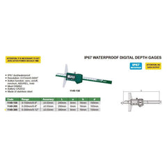 Insize IP67 Digital Depth Gauge 0-300mm / 0-12" Range Series 1149-300