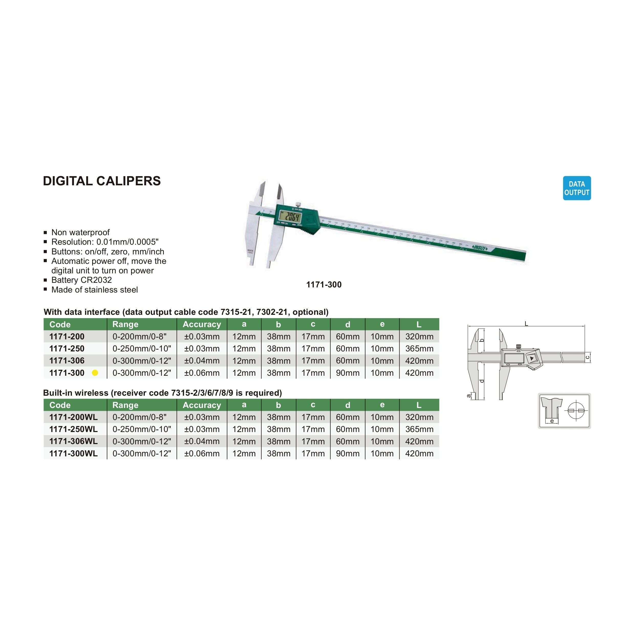 Insize Digital Caliper 0-300mm/0-12" Range Series 1171-300