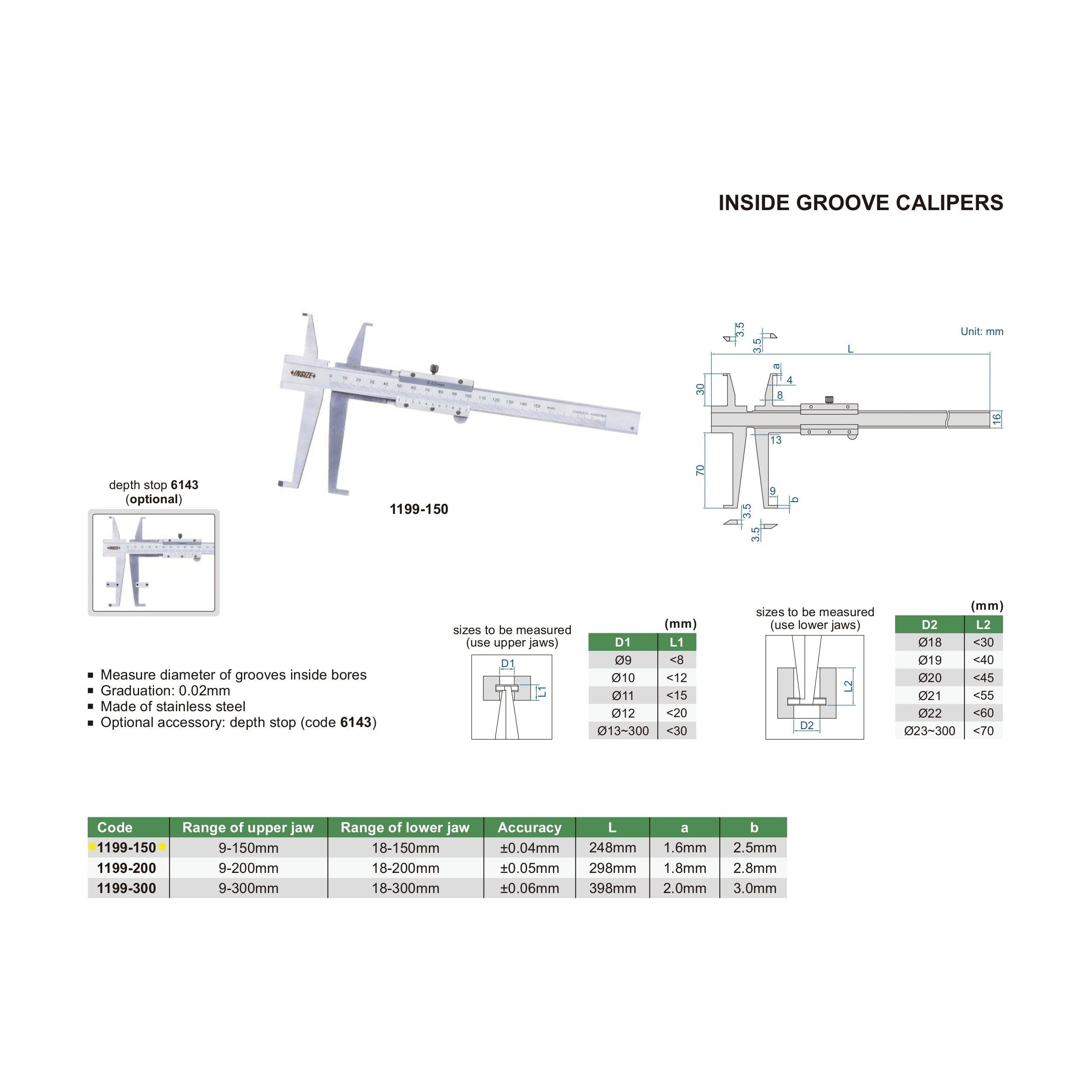 Insize Digital Groove Caliper 11-150mm Range Series 1199-150