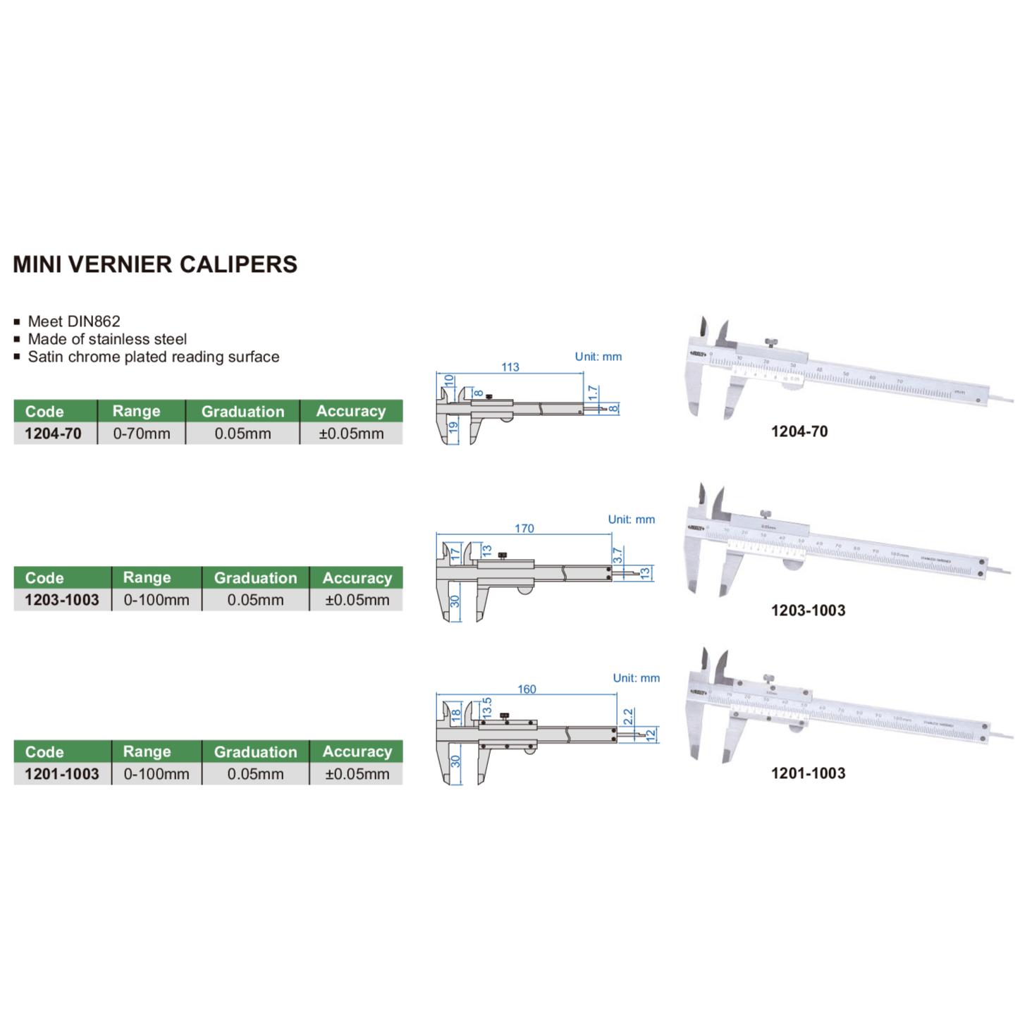 Insize Vernier Caliper 0-70mm Range Series 1204-70