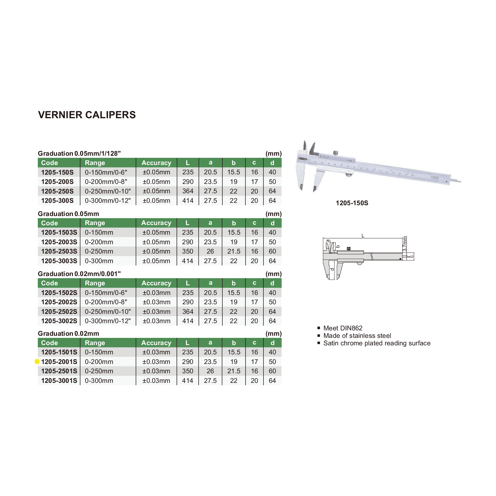 Insize Vernier Caliper 0-200mm Range Series 1205-2001S