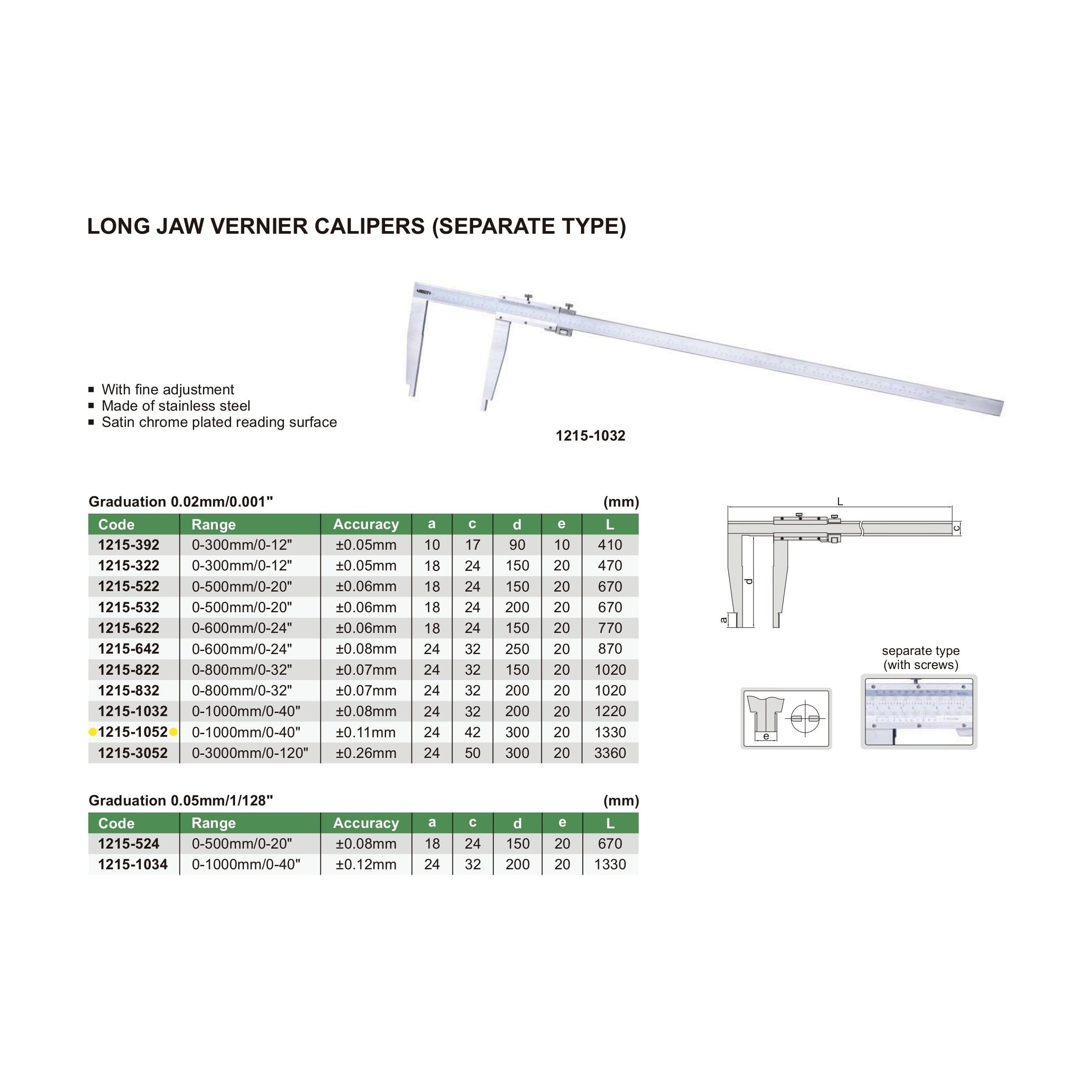 Insize Long Jaw Vernier Caliper 0-1000mm/0-40" Range Series 1215-1052