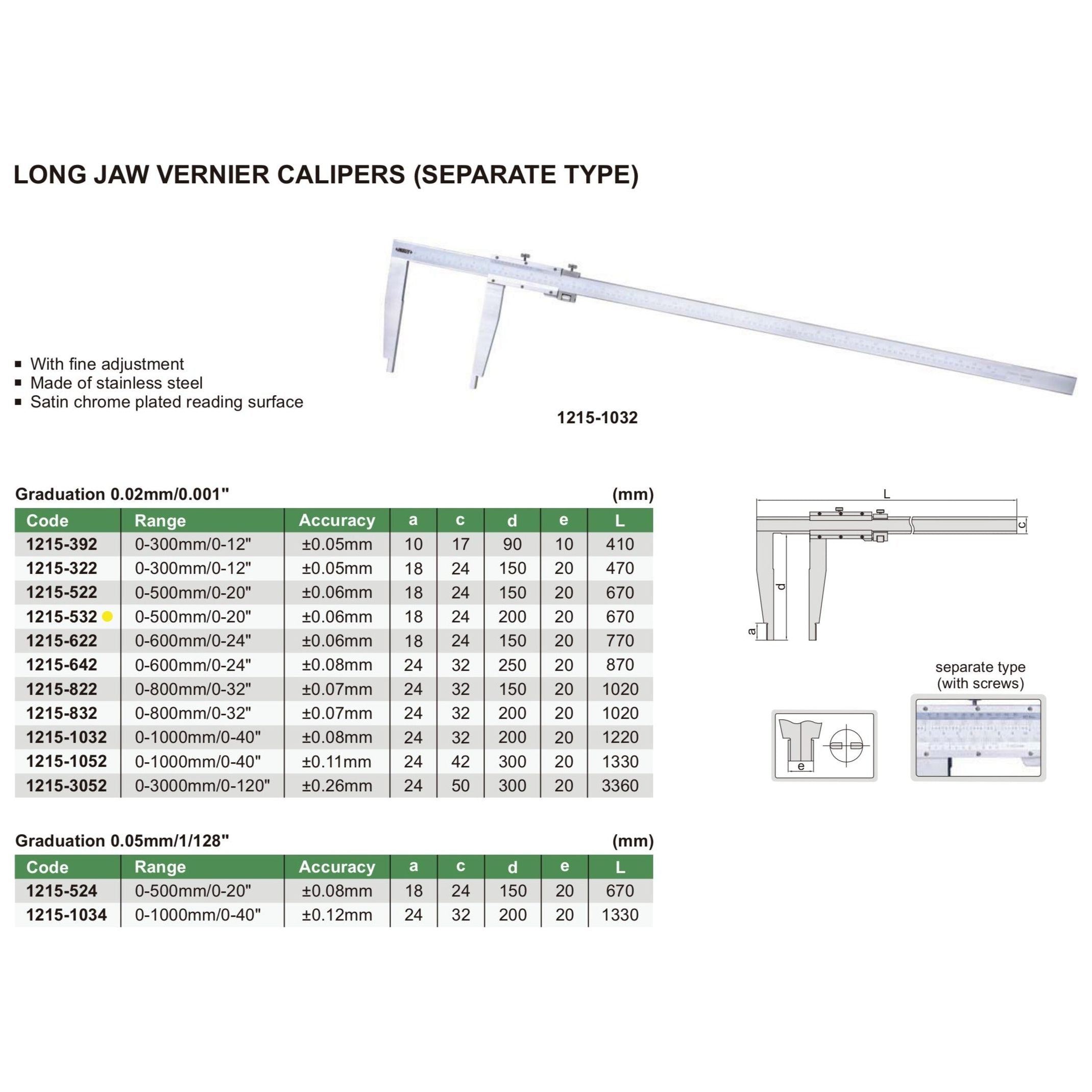 Insize Long Jaw Vernier Caliper 0-500mm/0-20" Range Series 1215-532