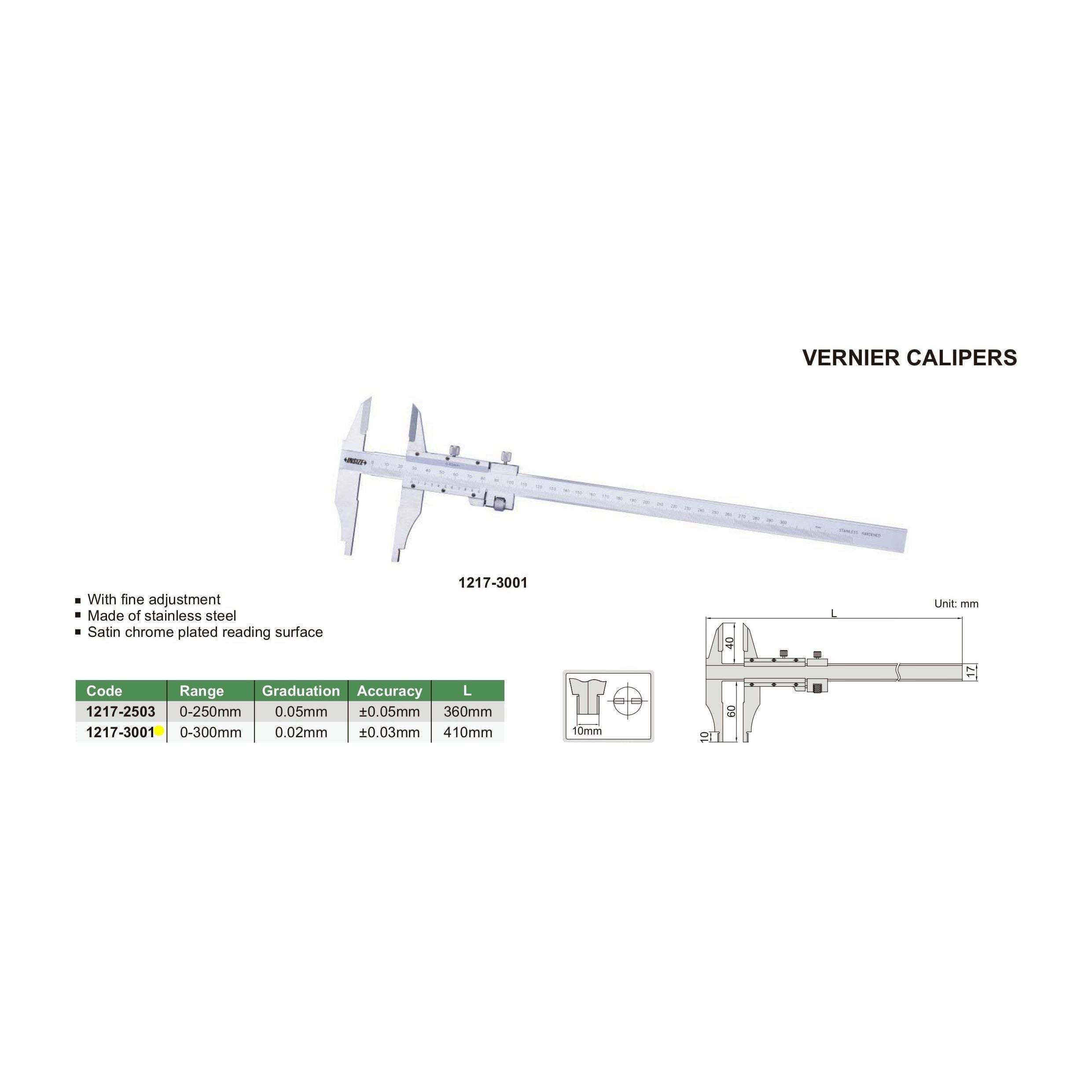 Insize Vernier Caliper 0-300mm Range Series 1217-3001