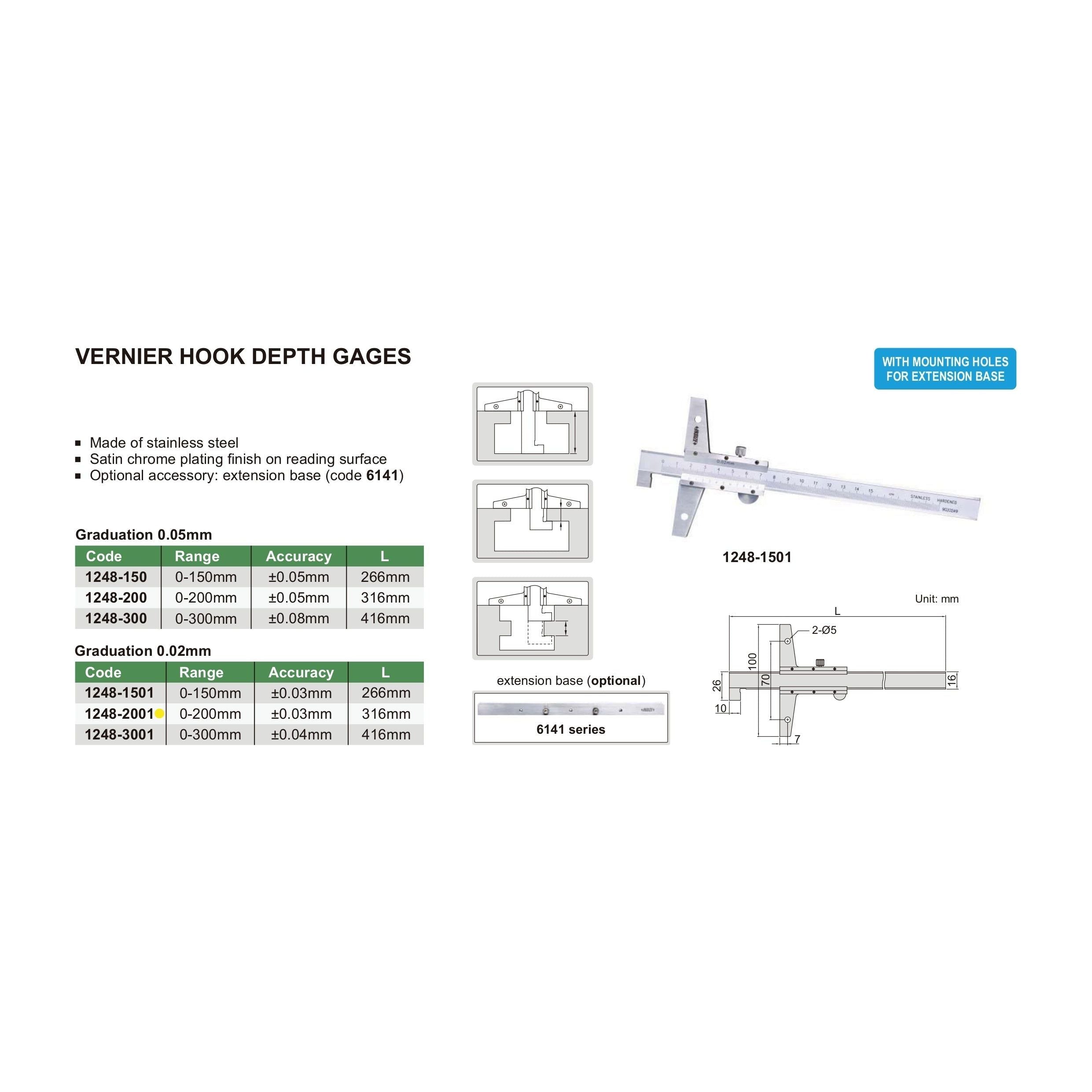 Insize Vernier Hook Depth Gauge 0-200mm Range Series 1248-2001