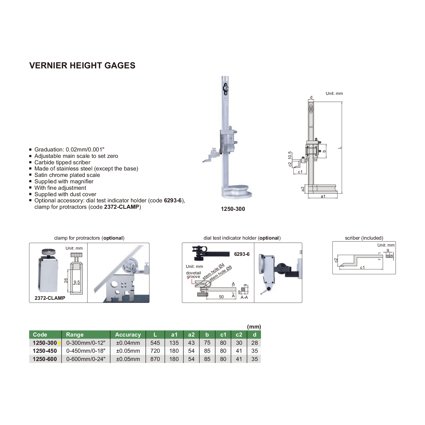 Insize Vernier Depth Gauge 0-300mm / 0-12" Range Series 1250-300