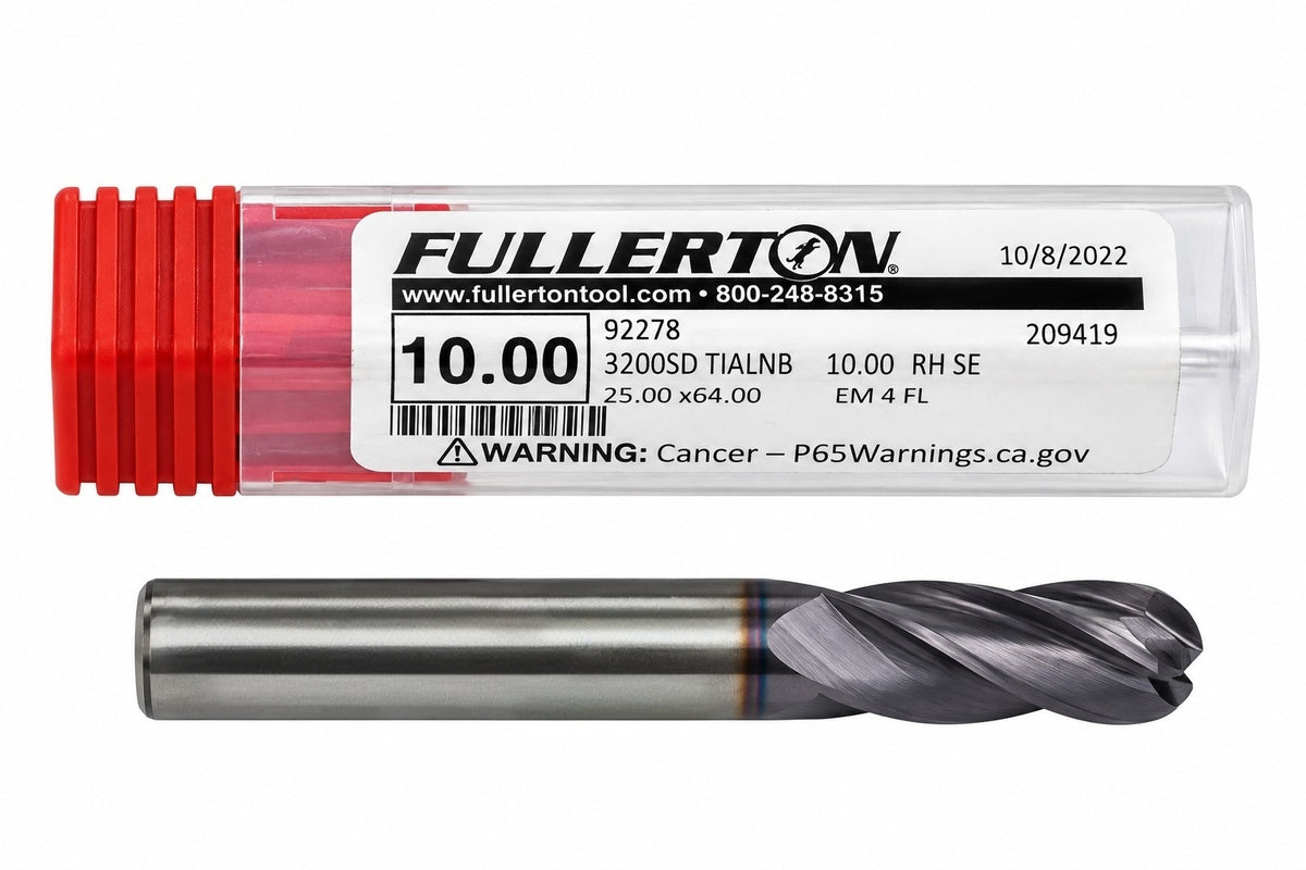 Fullerton 10.0mm 4 Flute TiAlN Coated Carbide Ball Nose Endmill - 3200 Series