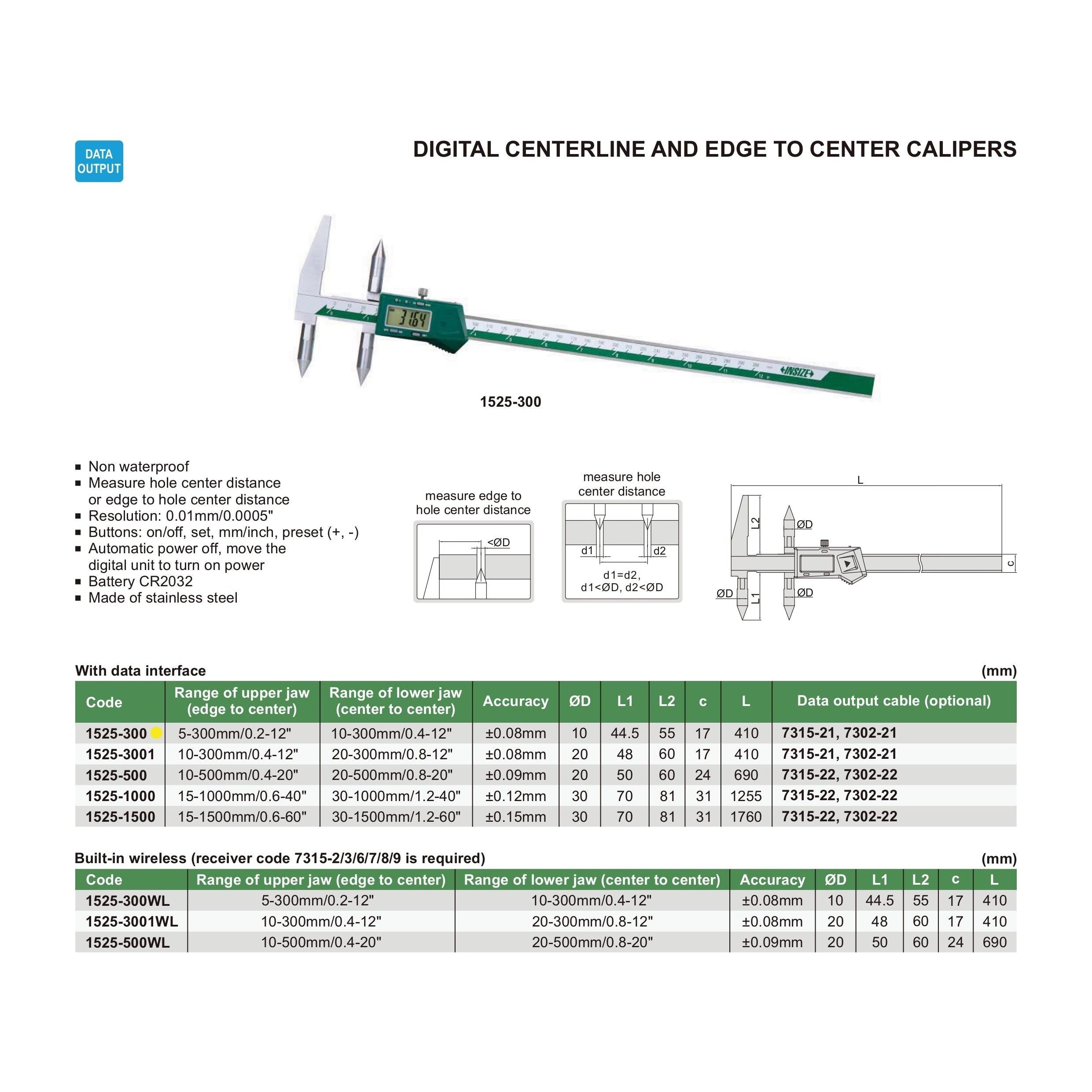 Insize Digital Centerline Caliper 5-300mm Range Series 1525-300