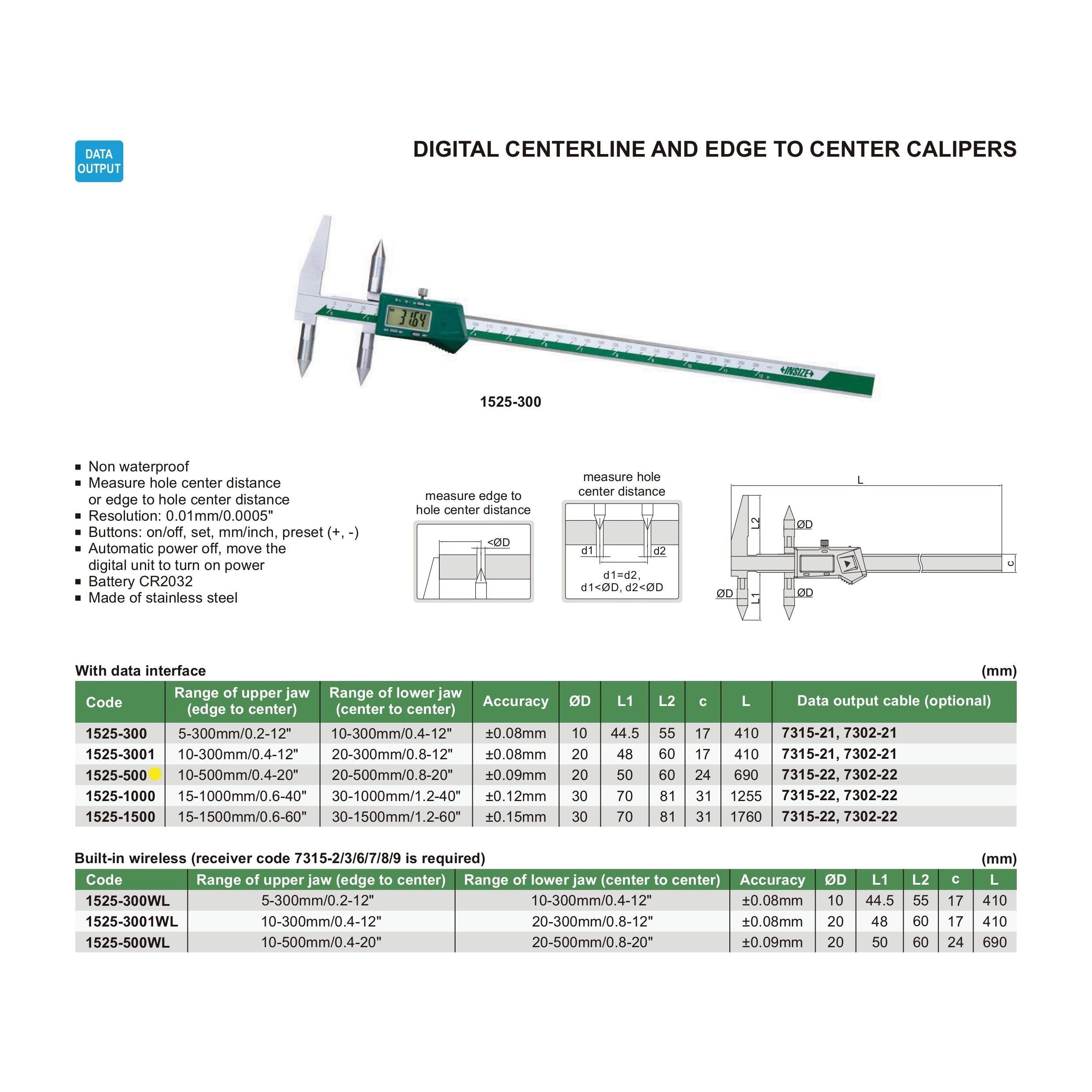 Insize Digital Centerline Caliper 10-500mm Range Series 1525-500