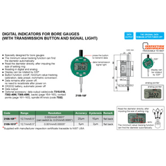 Insize Bore Gauge Digital Indicator 12.7mm/0.5" Range Series 2108-101F