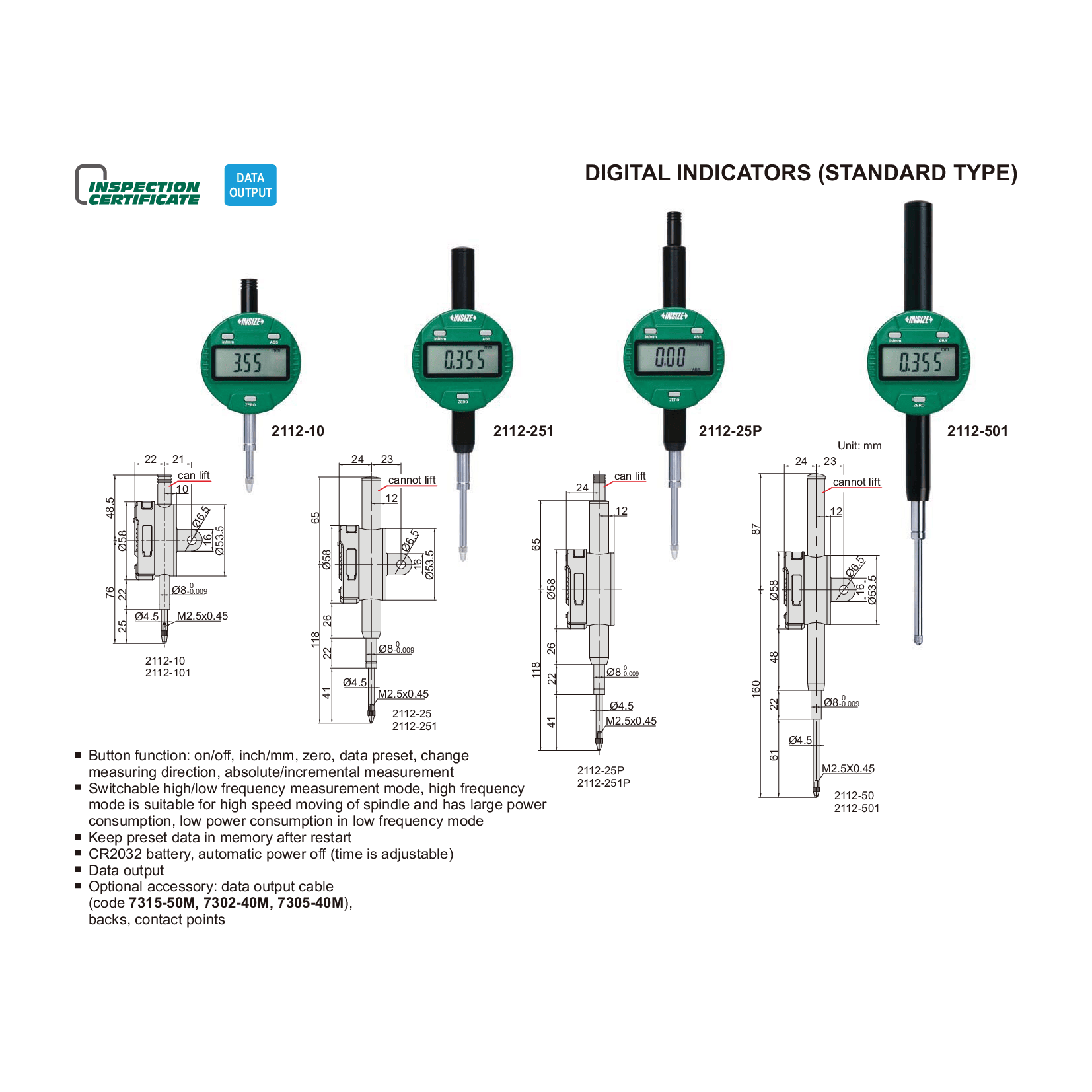 Insize Digital Indicator 50.8mm/2" Range Series 2112-501