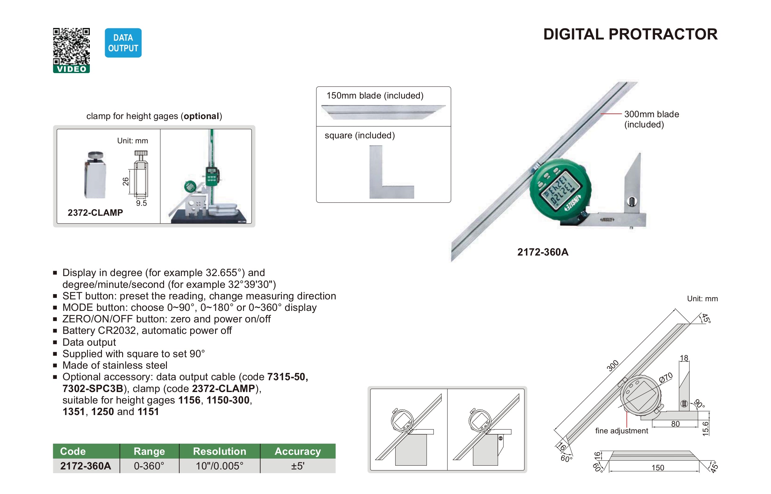 Insize Digital Protractor 0-360° Range Series 2172-360A