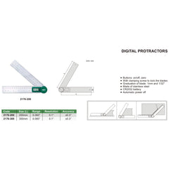 Insize Digital Protractor 200mm 0-360° Range Series 2176-200