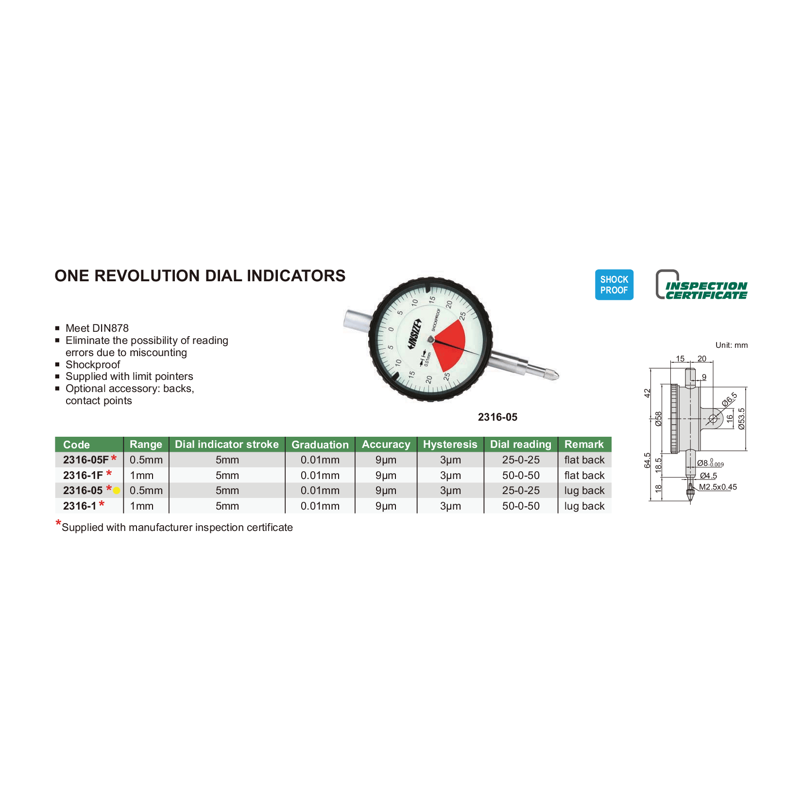 Insize One Revolution Dial Indicator 0.5mm Range Series 2316-05