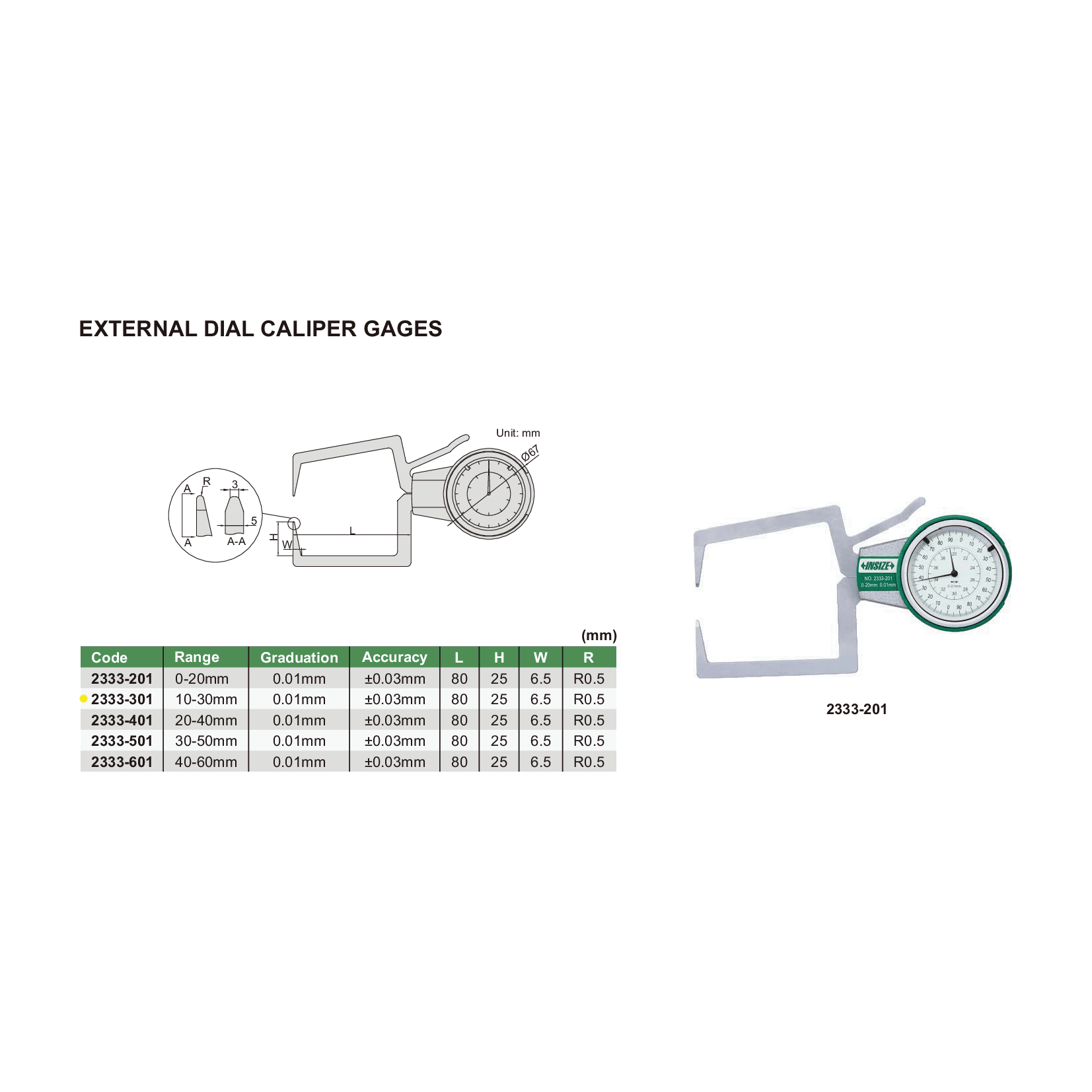 Insize External Dial Caliper Gauge 10-30mm x 0.1mm Range Series 2333-301