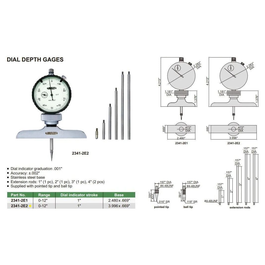 Insize Dial Depth Gauge 0-12" x 0.001" Range Series 2341-2E2