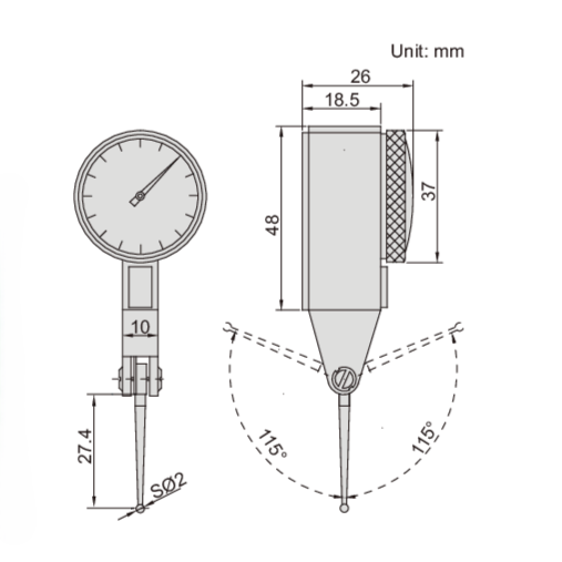 Insize Long Stylus Dial Test Indicator 0.8mm x 0.01mm Range Series 2383-08A