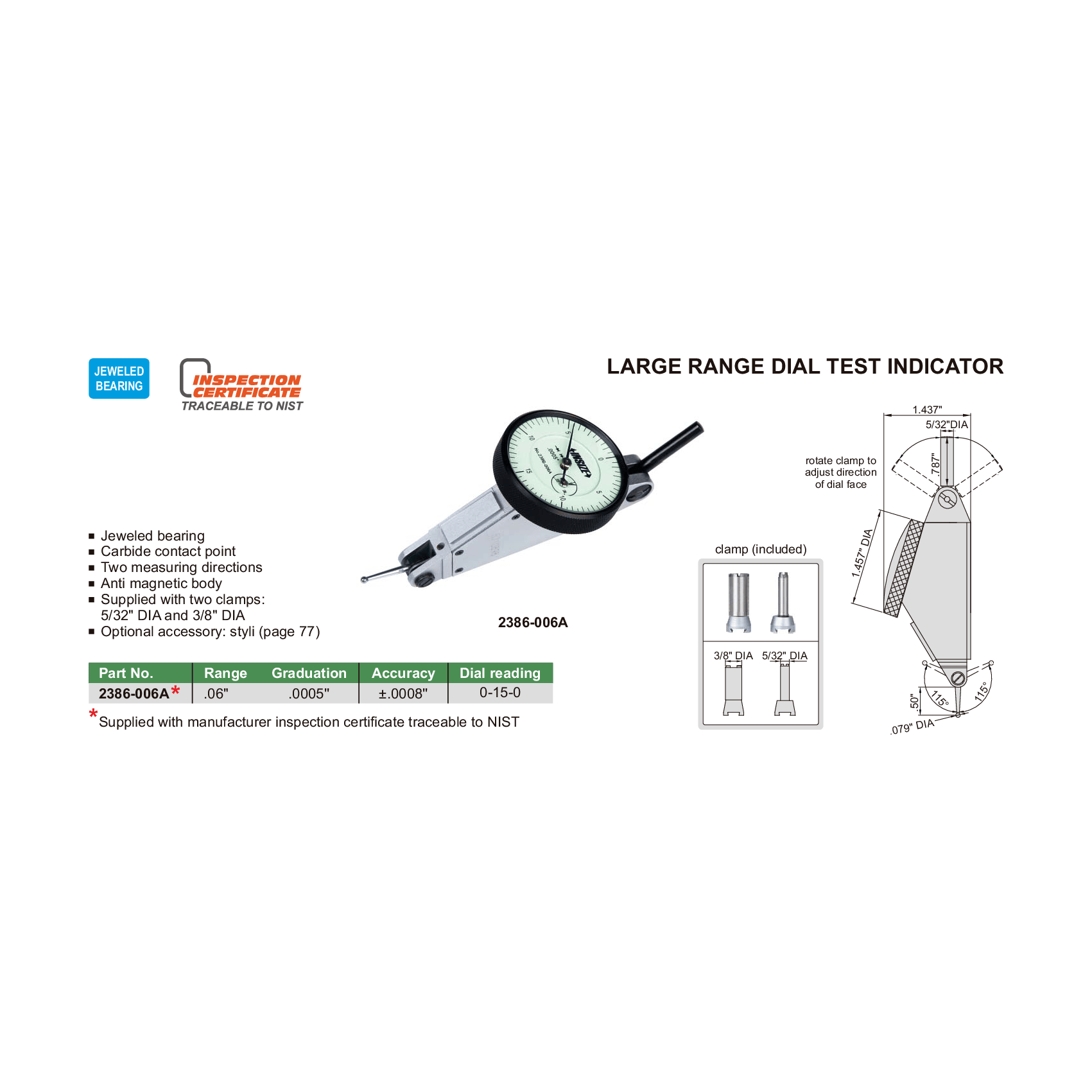 Insize Large Range Dial Test Indicator 0-0.06" x 0.0005" Range Series 2386-006A