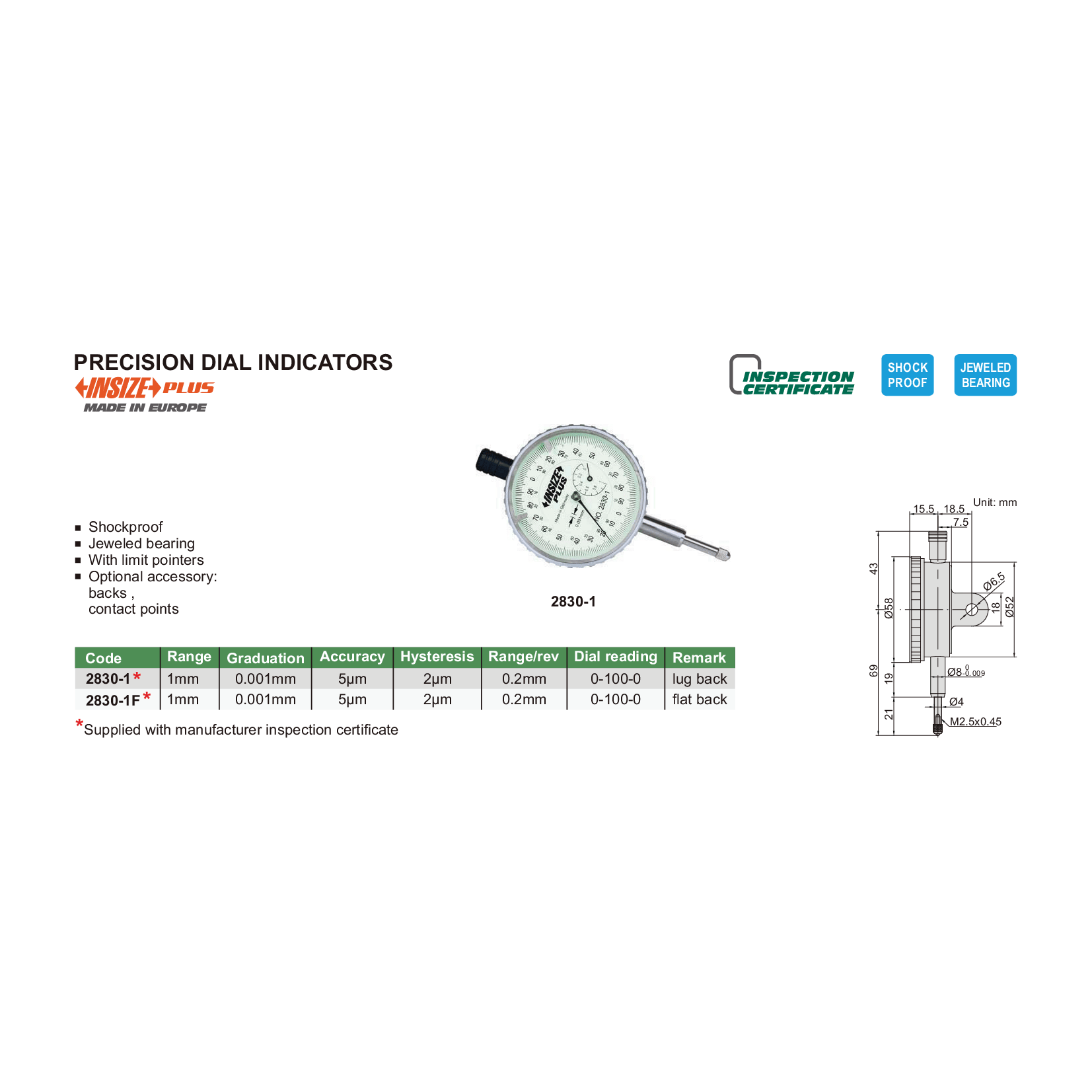 Insize Precision Dial Indicator 0-1mm x 0.001mm Range Series 2830-1