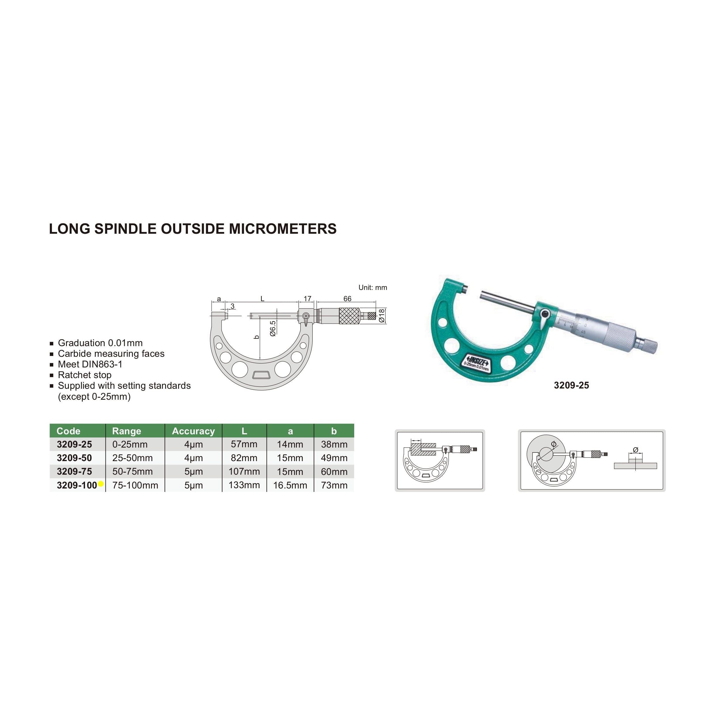 Insize Long Spindle Outside Micrometer 75-100mm Range Series 3209-100