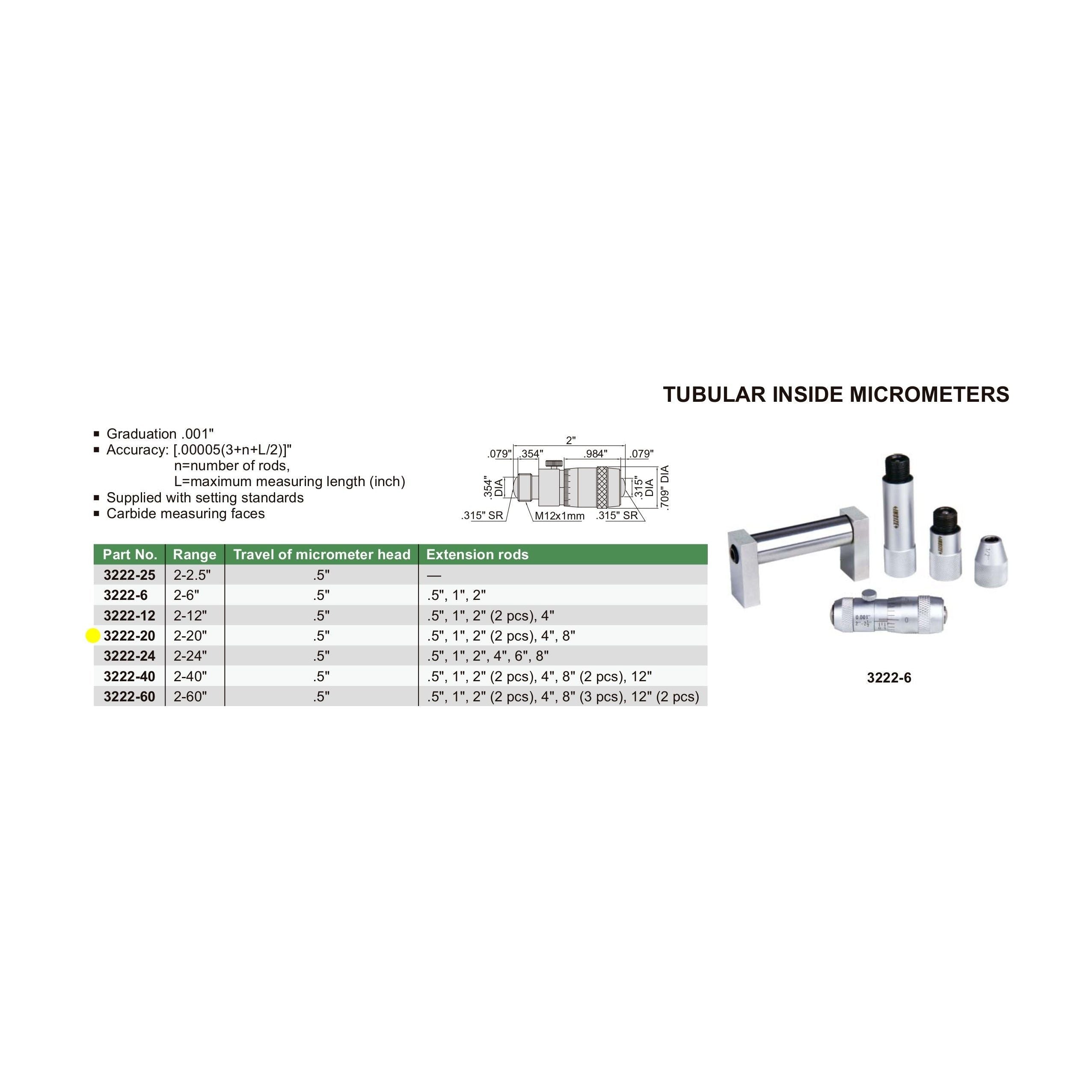 Insize Tubular Inside Micrometer 2-20" Range Series 3222-20
