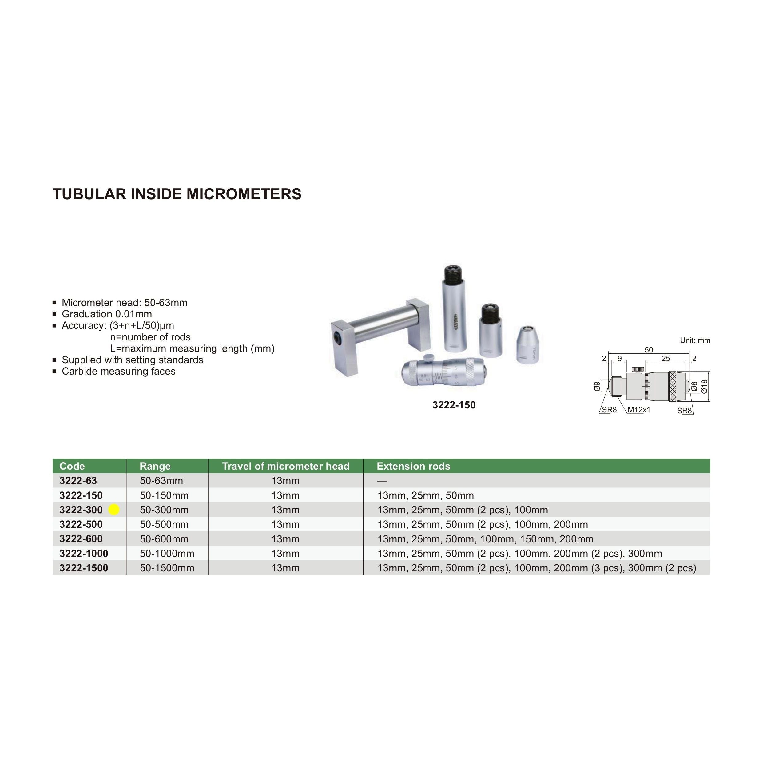 Insize Tubular Inside Micrometer 50-300mm Range Series 3222-300