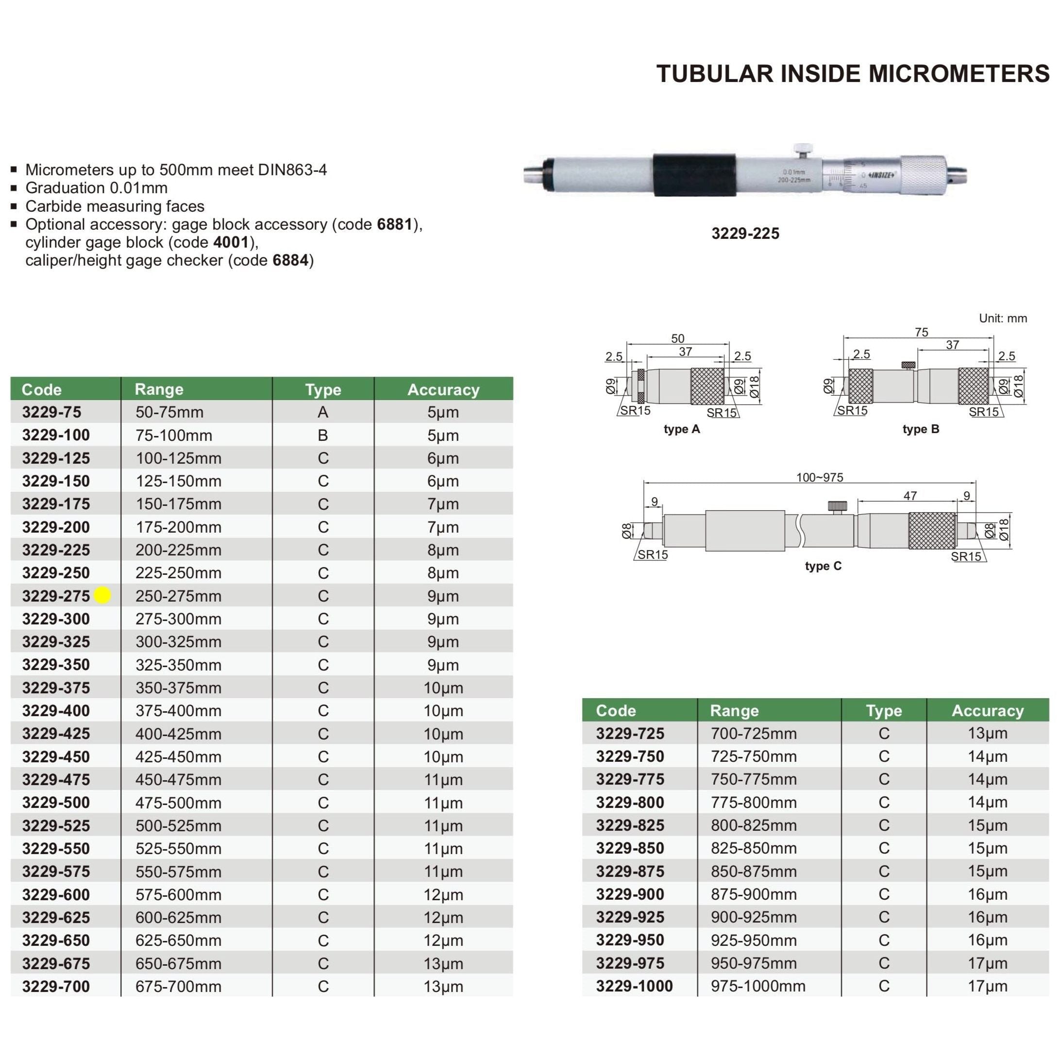 Insize Tubular Inside Micrometer 250-275mm Range Series 3229-275