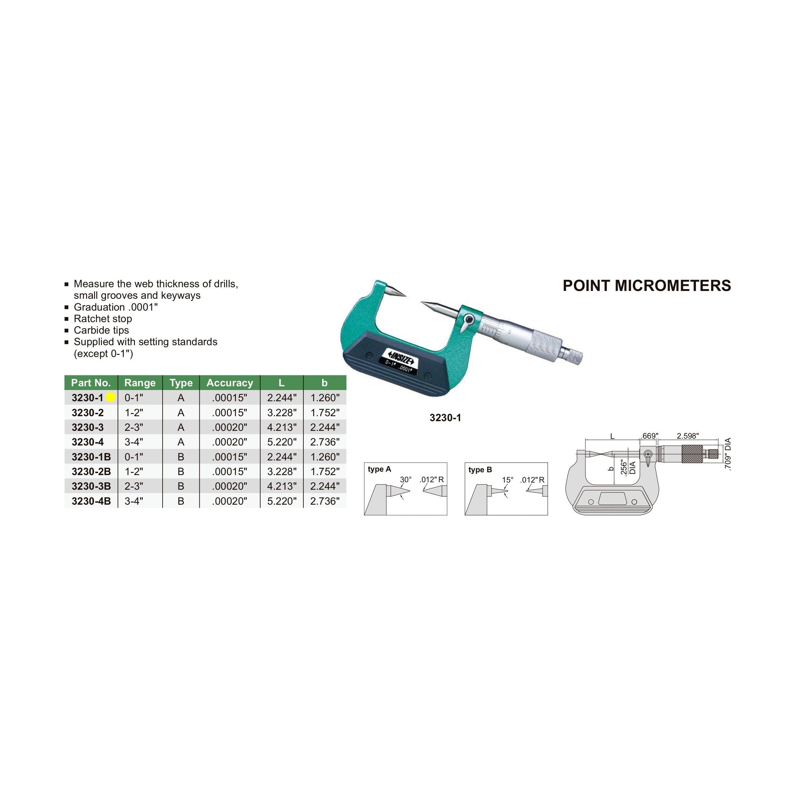 Insize Point Micrometer 0-1" Range Series 3230-1