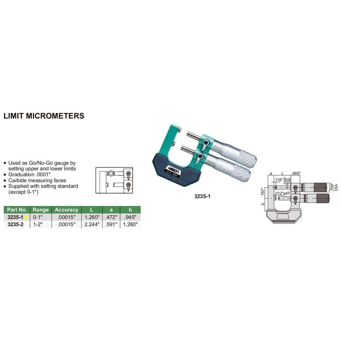 Insize Limit Micrometer 0-1" Range Series 3235-1