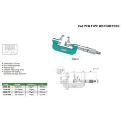 Insize Caliper Type Micrometer 0-25mm Range Series 3238-25