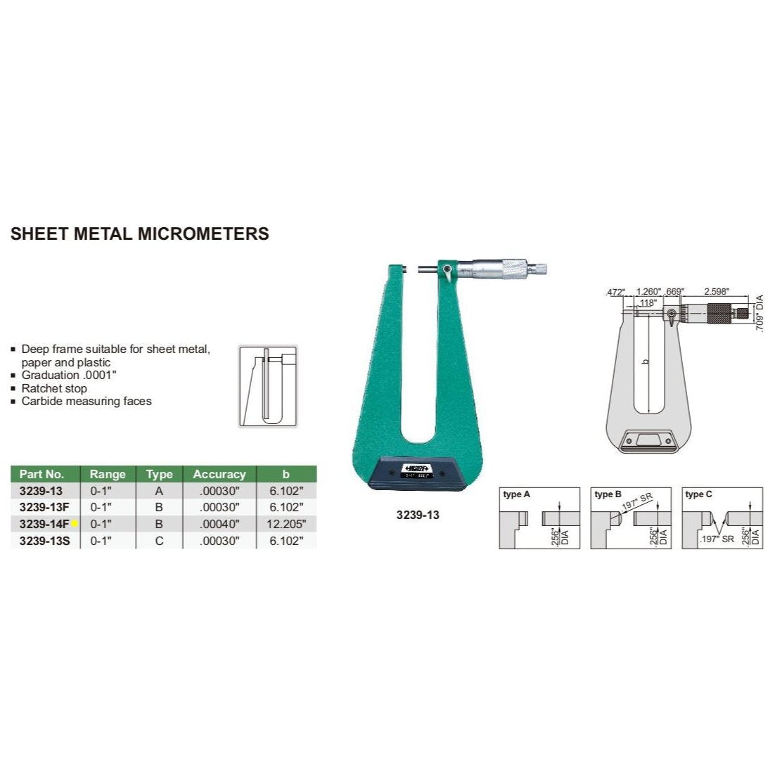 Insize Sheet Metal Micrometer 0-1" Range Series 3239-14F