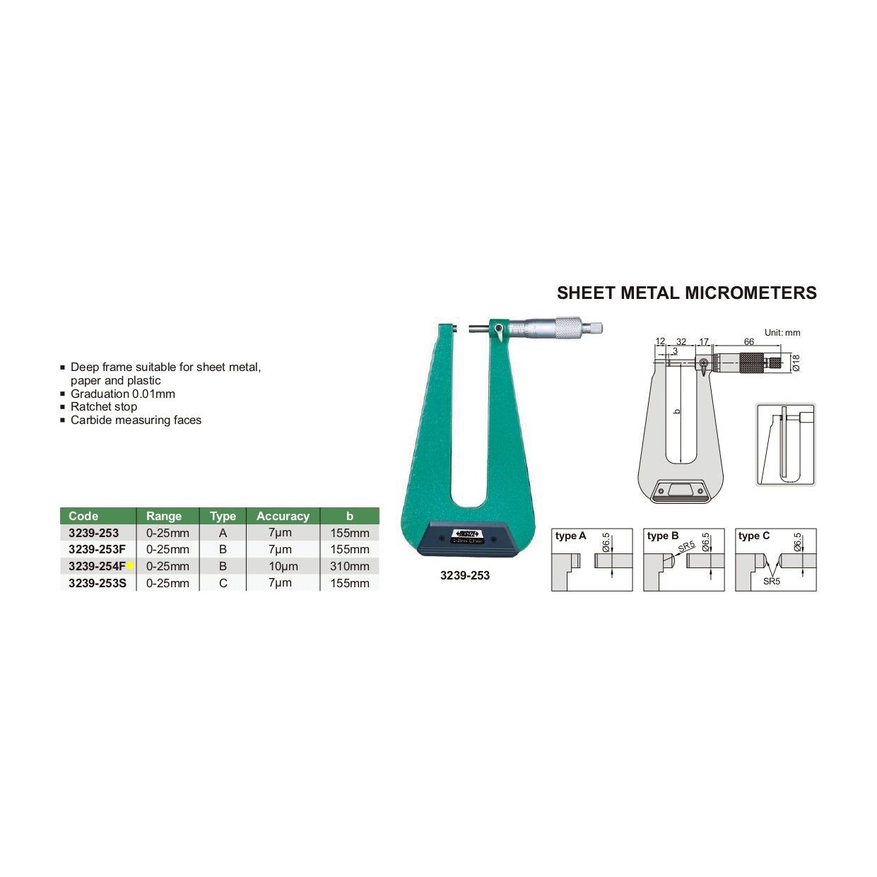 Insize Sheet Metal Micrometer 0-25mm Range Series 3239-254F