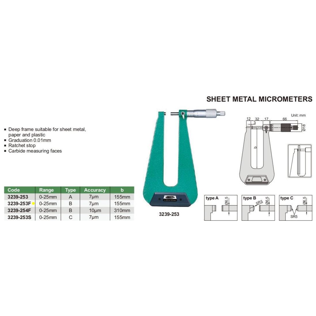 Insize Sheet Metal Micrometer 0-25mm Range Series 3239-253F