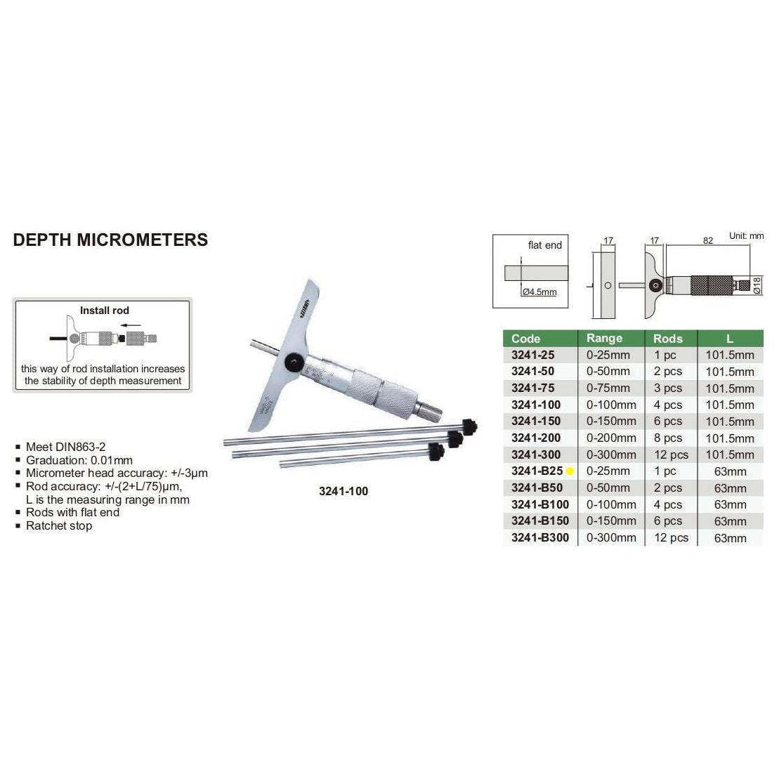 Insize 1pc Metric Depth Micrometer 0-25mm Range Series 3241-B25