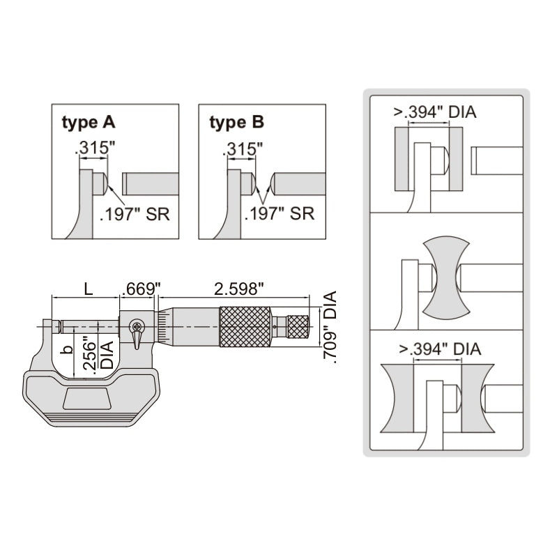 Insize Spherical Anvil Tube Micrometer 0-1" Range Series 3260-1S
