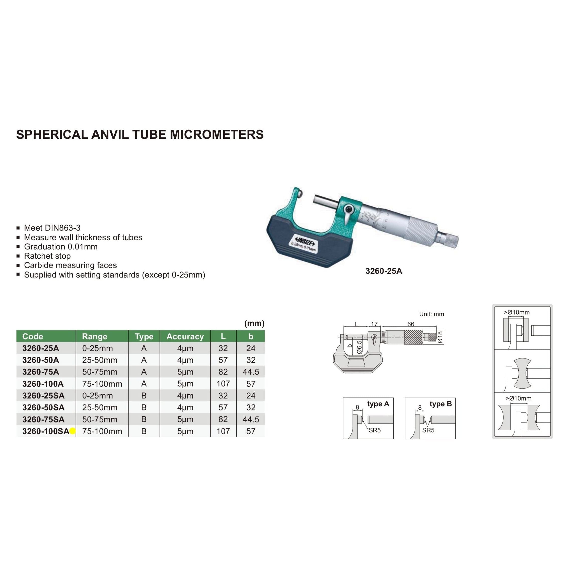 Insize Spherical Anvil Tube Micrometer 75-100mm Range Series 3260-100SA