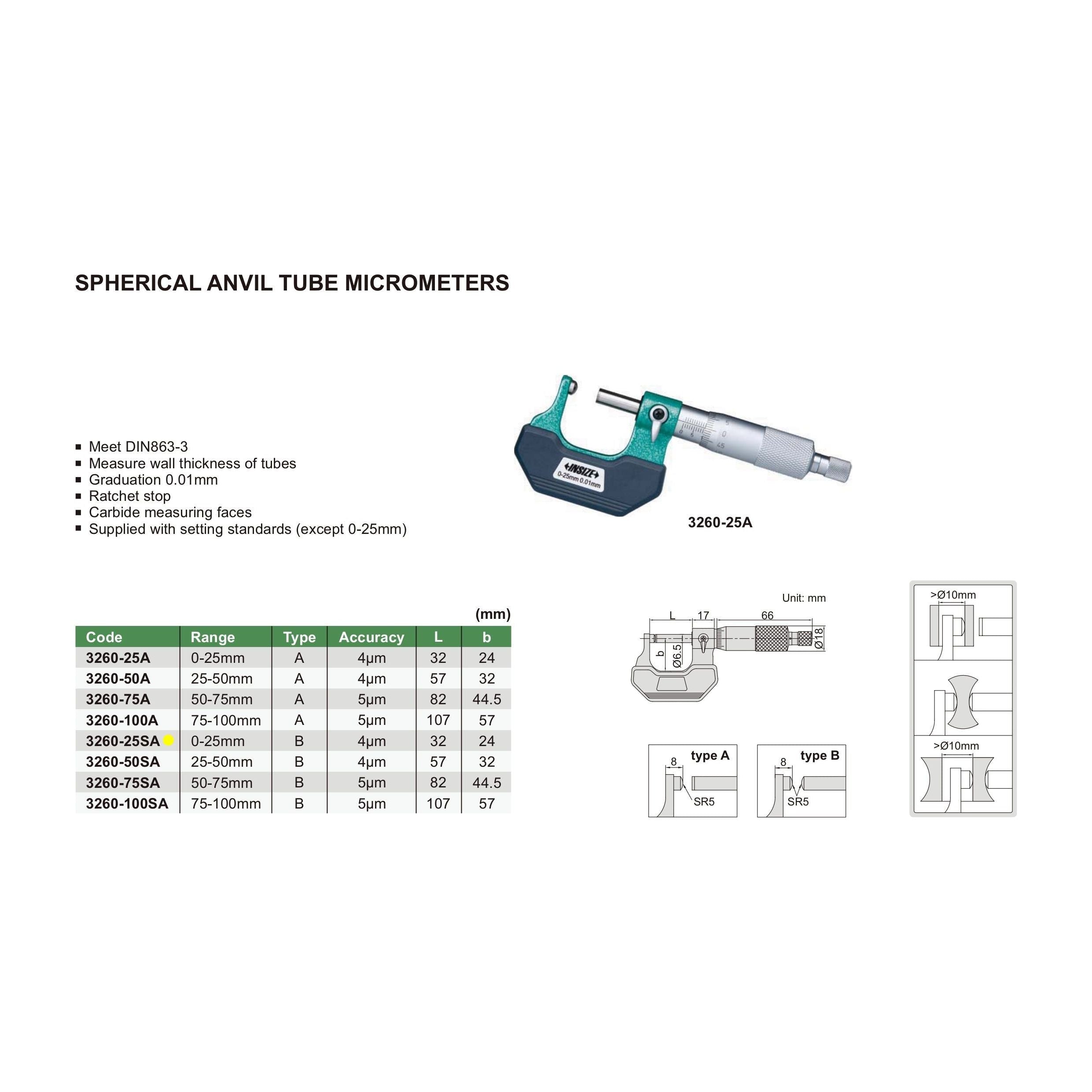 Insize Spherical Anvil Tube Micrometer 0-25mm Range Series 3260-25SA