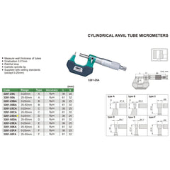 Insize Type D Cylindrical Anvil Tube Micrometer 0-25mm Range Series 3261-25DA