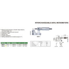 Insize Interchangeable Anvil Micrometer 1-2" Range Series 3262-2