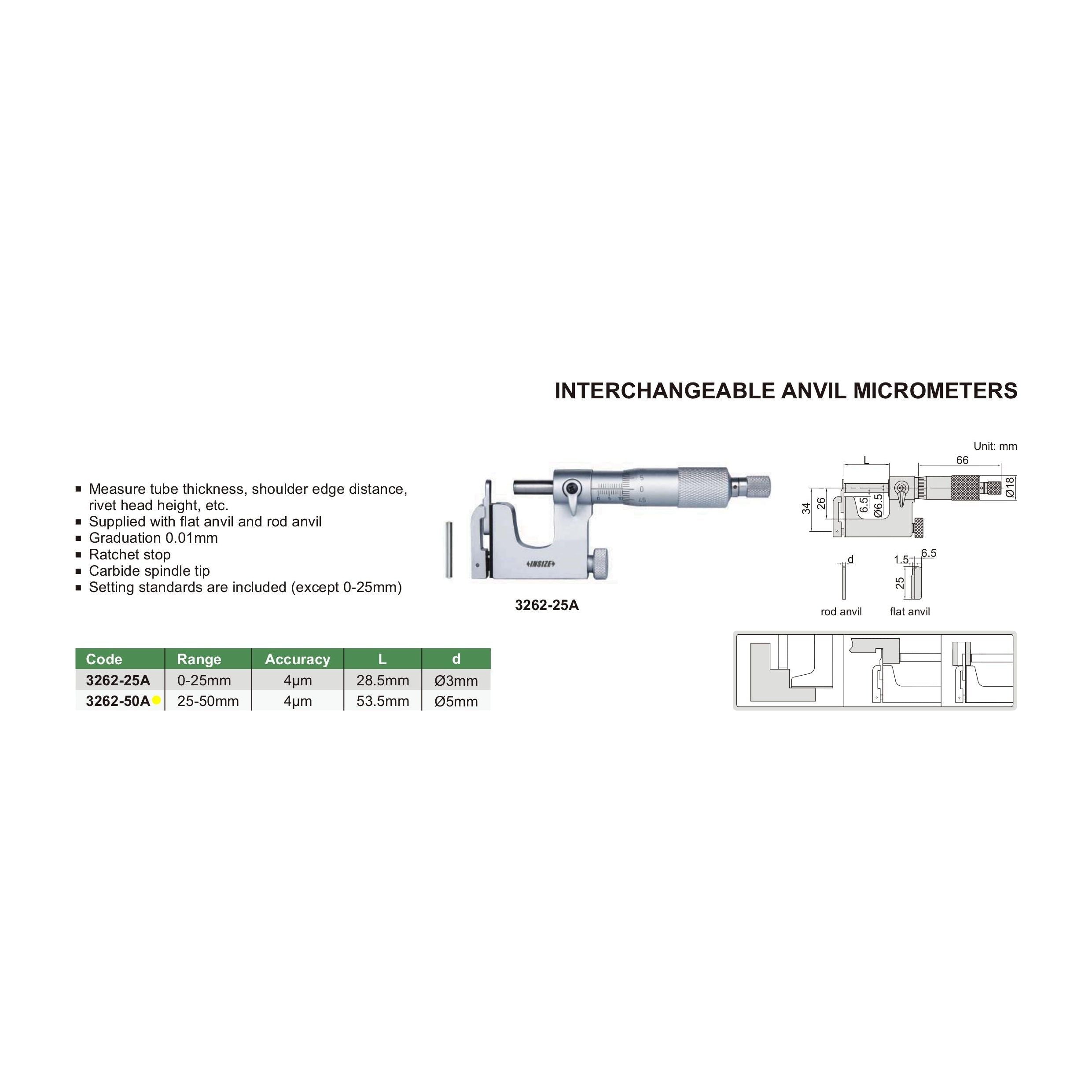 Insize Interchangeable Anvil Micrometer 25-50mm Range Series 3262-50A